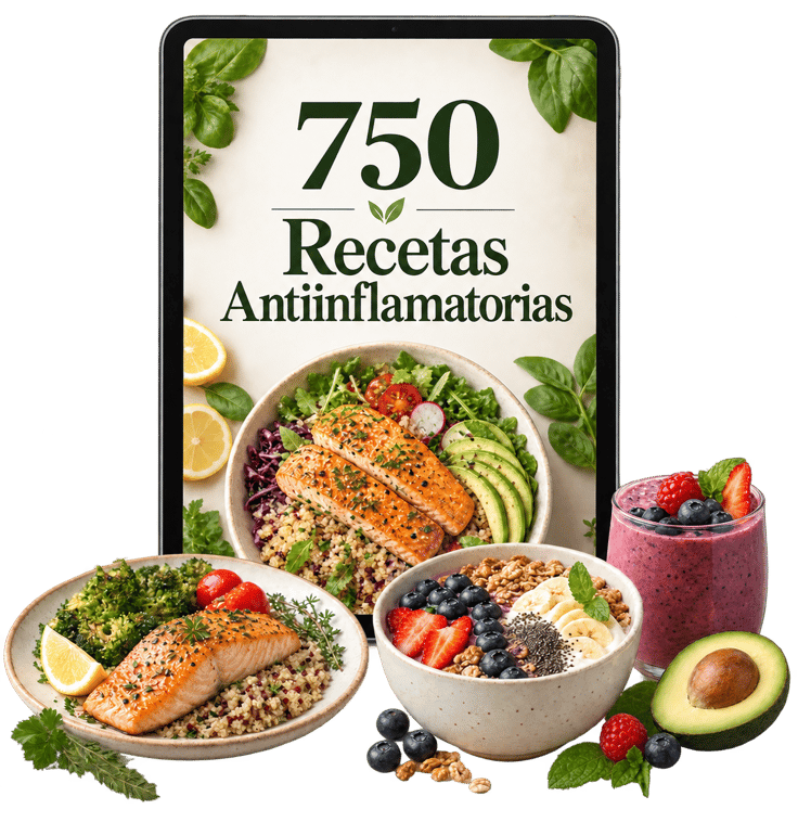 Portada del recetario 750 Recetas Antiinflamatorias junto a platos saludables