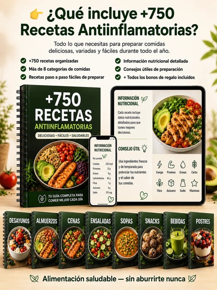 Recetario +750 Recetas Antiinflamatorias con sus categorías y bonos