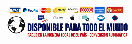 Métodos de pago disponibles: PayPal, Visa, Mastercard, Amex, Apple Pay y Google Pay