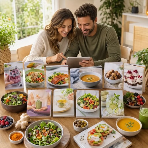 Recetario y bonos mostrados en tablet junto a platos saludables